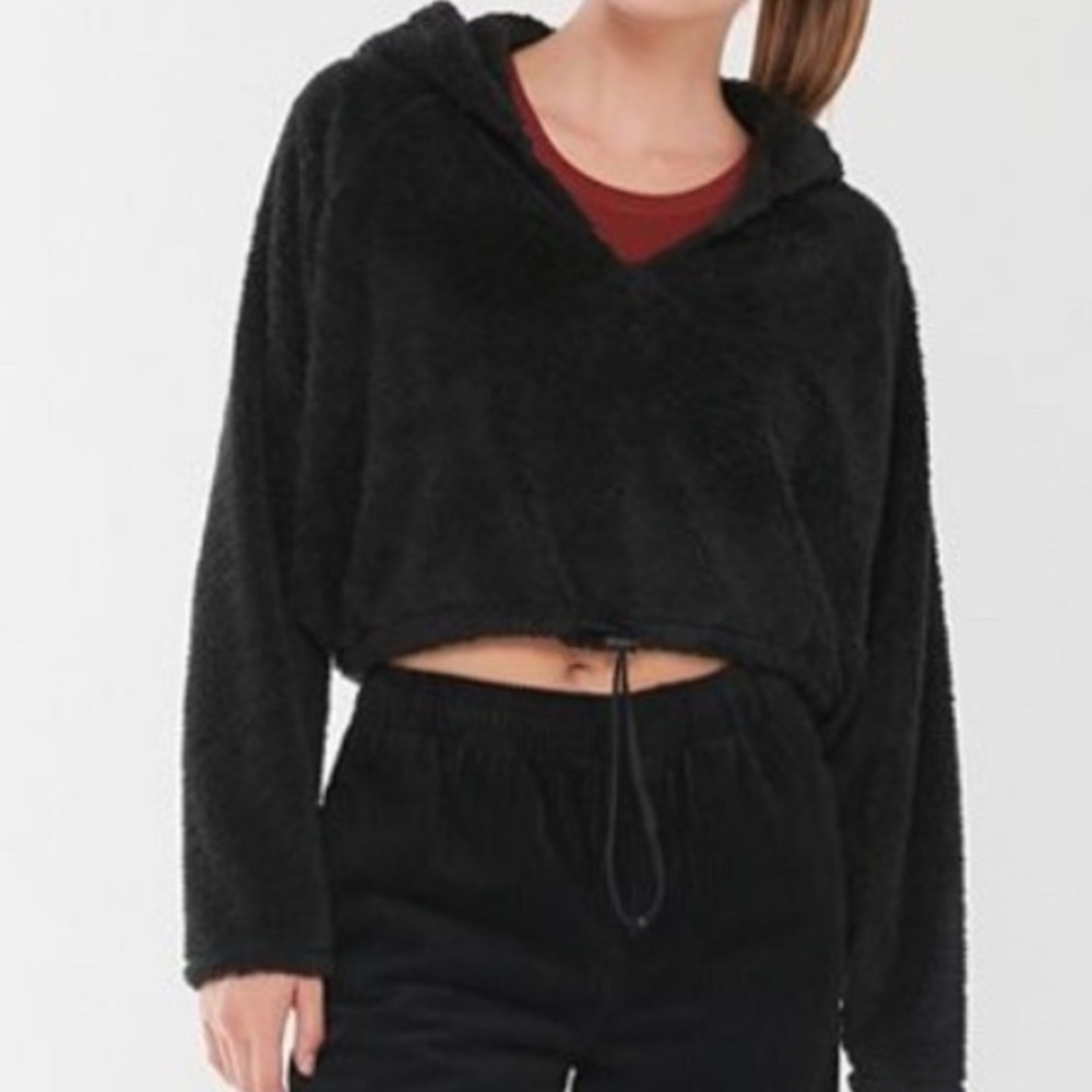 Urban Outfitters Fleece Hoodie Size XS Oversized Cropped Sherpa Teddy Black Fall